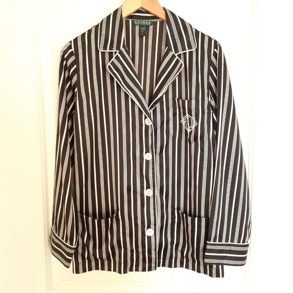 LRL Striped Satin Long Sleeve/Long Pant Pajama Set Black White Stripe Size M - Picture 2 of 15